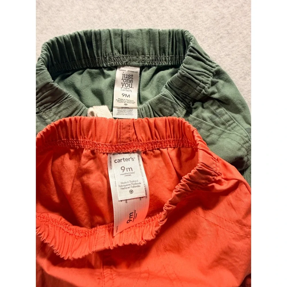 Carters Baby Boy Shorts Set 2 Pack Orange Sage Green Shark Print 9M Pull On
